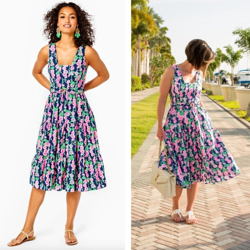 Lilly Pulitzer Navy Pink Green Floral Midi Dress